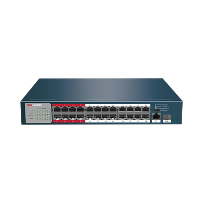 Switch PoE+ / No Administrable / 24 Puertos 10/100 Mbps PoE+ / 1 Puerto 10/100/1000 Mbps + 1 Puerto SFP Uplink / PoE hasta 250 metros / 230 W